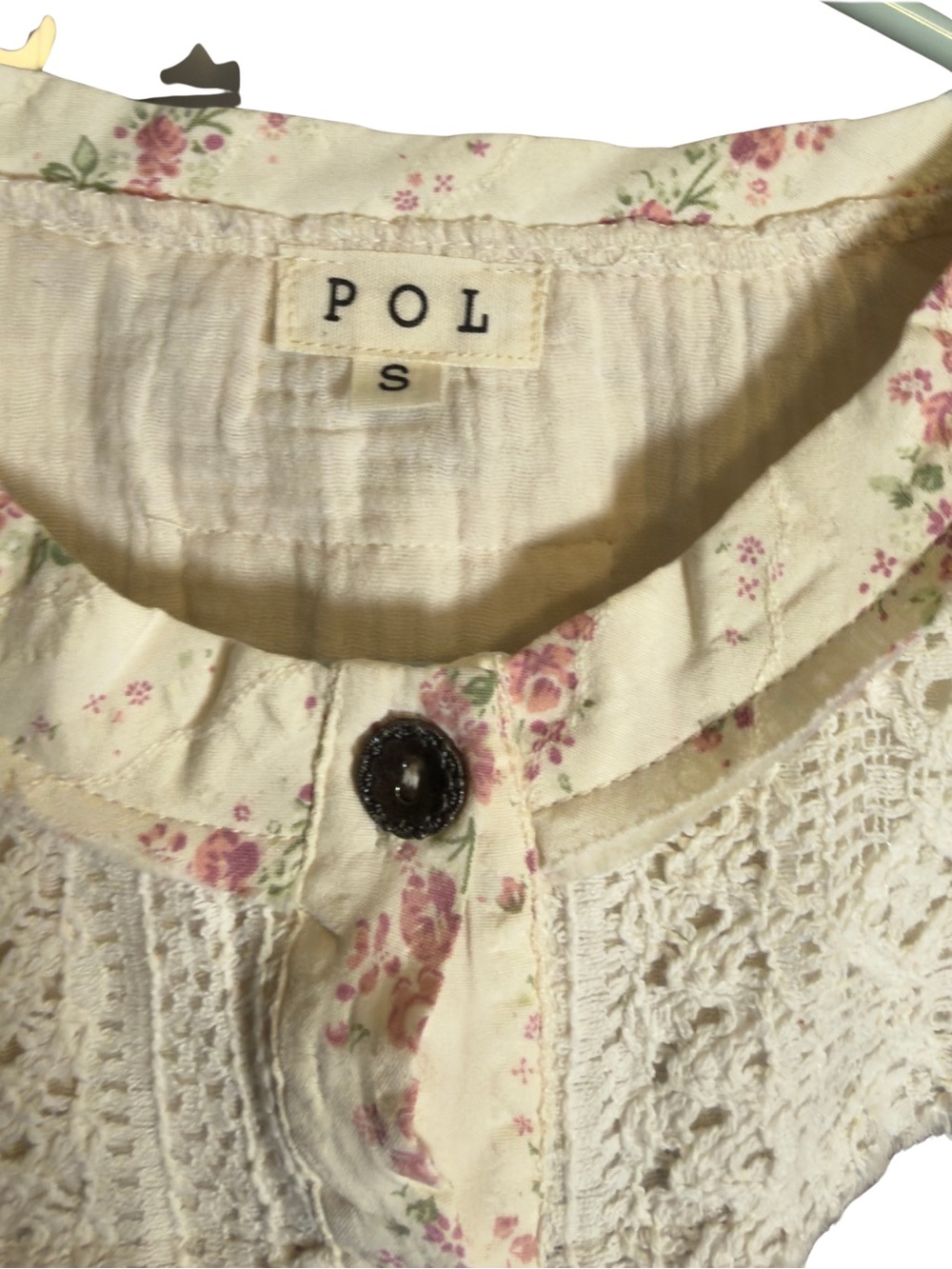 POL Floral Crochet Yoke Button Top in Cream & Pink - Picture 3 of 3